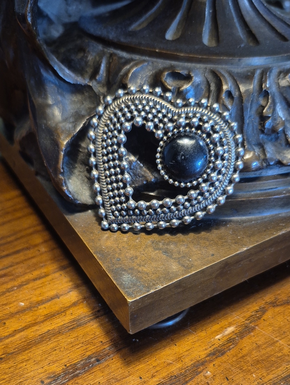Vintage Heart-Shaped Black Cabachon Silver Tone Brooch